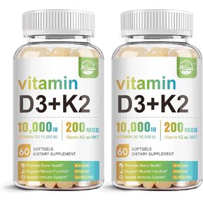 Nature's live Vitamin D3 K2 10000 iu & 200 mcg, 2-in-1 Vitamin Supplement, Support Immune, Heart, Joint, Teeth & Bone Health, Easy to Swallow, Free of GMO, Gluten, Soy, 60 Softgels, 1 Pack