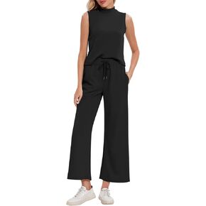 ROYLAMP Two Piece Sets for Women Summer Outfits Knit Lounge Sets Sleeveless Mock Neck Tops Wide Leg Crop Pants