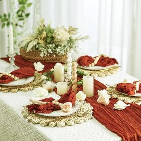Mixweer Set of 10 Khaki Cheesecloth Table Runner Boho Napkins Round Woven Placemats Farmhouse Wood Bead Napkin Ring with Tassel Table Settings for Wedding Birthday Dinner Party Tabletop Decor