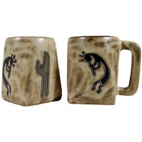 Set Of Two (2) MARA STONEWARE COLLECTION - 12 Oz Coffee Cup Collectible Square Mugs - Native American Kokopelli