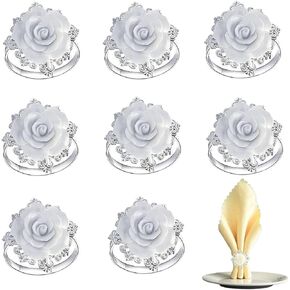 8 PCS Flower Napkin Rings Elegant Napkin Ring Holders White Rose Napkin Rings Silver Napkin Rings for Valentine's Day Wedding Anniversary Birthday Party
