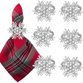 Snowflake Christmas Napkin Rings Round Metal Buckle Sliver with Rhinestone Napkin Holders Napkin Rings for Christmas Dinning Party Table Setting Wedding Thanksgiving Holiday Party Supplies (6Pcs)