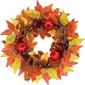 YEAHOME Fall Wreaths for Front Door, 19" Fall Wreath with Maple Leaves Pumpkin Sunflower Berries for Fall Decorations for Home, Artificial Autumn Door Wreath Outside, Window, Wall, Thanksgiving Decor
