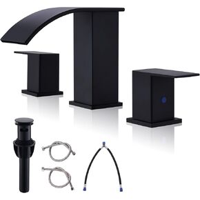 Black Waterfall Bathroom Faucet 3 Holes - 8Inch Widespread Bathroom Sink Faucet Two Handles Lavatory Vanity Sink Faucets with Overflow Pop-up Drain & Supply Lines Matte Black Upgraded