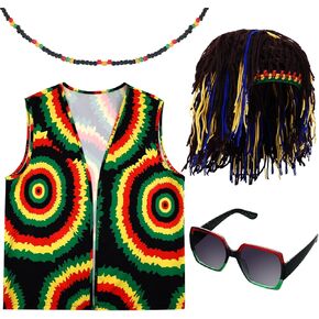 4 Pcs Jamaican Costume Accessories Rasta Hat with Black Dreadlocks Long Hair Reggae Hat Wigs Suit Vest Beads Necklace Jamaican Necklace Square Sunglasses Rasta Clothing for Men Women Halloween