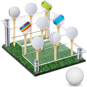 Golf Ball Display Case Acrylic Metal Golf Ball Holder with Black Base and Turf Golf Ball Rack Golf Ball Display Shelf Ball Stand Display Box for Golf Ball Decoration, 9 Golf Tees