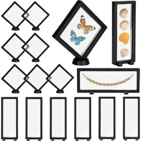16 PCS Black Floating Display Case, UOIXPUHUO Transparent Challenge Coin Display Stand for Chips Ring Earrings Jewelry Necklace Shells Medals Antique AA Medallions (5.51*5.51*0.78in, 3.54*9.05*0.78in)