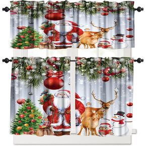 Merry Christmas 3 Piece Kitchen Curtains Cute Santa Claus Snowman Christmas Tree Gift Snowflake Winter Holiday Happy New Year Pattern Print Bedroom Decoration Curtain Set 54x36 Inch, 3 Piece