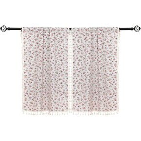 2 Panels Linen Tassels Curtains Farmhouse Red Rose Flower Vintage Semi Sheer Window Curtain for Kitchen Bathroom, 26x36in Tiers Curtain