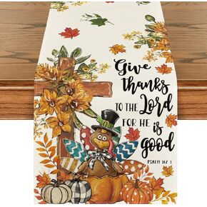 Artoid Mode Cross Pumpkins Turkey Give Thanks Thanksgiving Table Runner, Fall Harvest Autumn Kitchen Dining Table Decoration for Home Party Decor 13x72 Inch