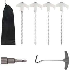 4 Pcs Tent Stakes Heavy Duty, 8 in Ground Anchors Screw in, Grow in The Dark Screw in Tent Stakes, Camping Stakes with Storage Box, Threaded Tent Spikes with Hex Head Driver and Stake Puller