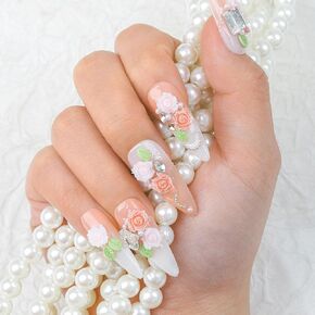 Sethexy Extra Long Almond Press on Nails Rhinestone Gradient False Nails 3D Rose Fake Nail Crystals Glossy Full Cover Glue on Nail for Women and Girls 10PCS