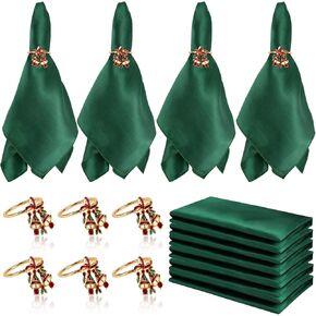 6PCS Christmas Bell Gold Napkin Rings and 6 Pack Green Satin Napkin Cloth, Set of 12 Christmas Diamond Napkin Buckle and Cloth for Christmas Thanksgiving Party Table Decoration