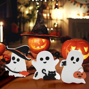 Wooden Ghost Halloween Decorations Indoor, 3PCS Ghost Halloween Sign for Table, Fireplace,Halloween Bathroom Decor,Wooden Tiered Tray Decor for Party Home Shelf Display