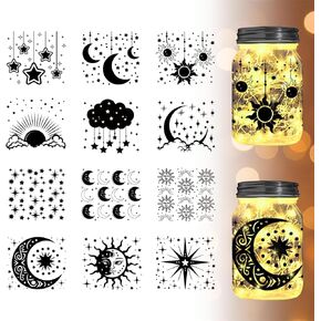 12 pcs Star Cut Silhouettes Moon Silhouettes Mason Jar Cutouts Sun Cutouts Decals Cloud Light Shadow Paper Moon Paper-Cut Cardboard Lantern Cutouts Ornaments for Party