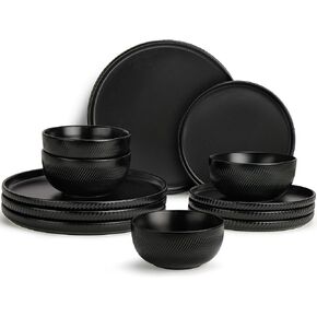 Earthsong Dinnerware Sets for 4, 12-Piece Ceramic Plates and Bowls Set, Dishwasher and Microwave Safe Stoneware Dishes Set, Ribbed, Sculpted Dune in Kuwait