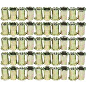 50PCS 15mm Length Flat Head Rivet Nut M6 Yellow Insert Nut Zinc Plated Carbon Steel Thread for Refrigeration Switch Instrument Furniture Assembly