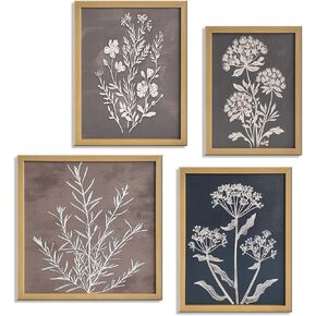 ArtNFT Elegant Boho Botanical Wall Art Set of 4, Vintage Floral Textured Bedroom Framed Wall Decor, Flowers Wall Art For Living Room Bedroom Home Wall Art, Farmhouse Office Decoration