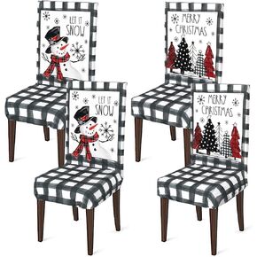 4 Pcs Christmas Dining Chair Covers, Black White Buffalo Plaid Trees Snowman Stretch Removable Washable Slipcover Chair Protector for Dining Room Home Decor