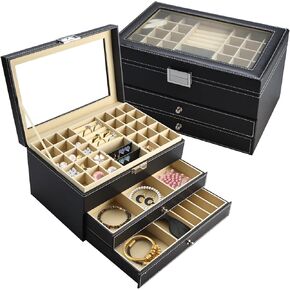 NovelBee Jewelry Box Organizer,3 Layers Jewelry Storage Display Box with Large Capacity for Necklace Earrings Bracelets Rings
