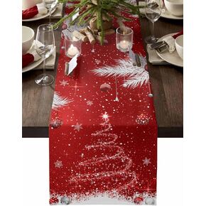 Christmas Decor Cotton Table Runners for Kitchen Dining Table/Cabinet/Holiday Parties, Red Sparkle Christmas Tree Ornaments Washable Dresser Scarf White Pine Needle Dining Runners 13" x 70"