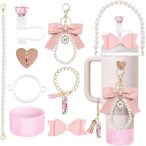 8Pcs Pink Stanley Cup Accessories Set for Stanley Cup 30&40 Oz Tumbler - Silicone Straw Cover Cap and Boot, Letter Charm for Handle, Bow Straw and Charm Decoration, Pearl Water Bottle Handle Strap(M)