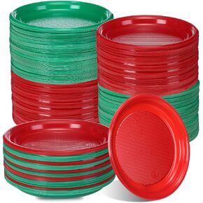 300 Pcs Christmas Green Red Plastic Plates Christmas Disposable Plates Bulk Round Christmas Dinner Dessert Plates for Events Salad Cake Appetizer Birthday Party Supplies Decoration (9 Inch)