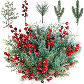 Winlyn 65 Pcs Artificial Pine Branches and Red Berries Stems Christmas Greenery Stems Cedar Picks for Christmas Tree Wreath Winter Wedding Holiday Floral Arrangement Table Centerpiece DIY Crafts