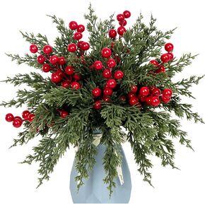 40 Pcs Artificial Pine Branches with Red Berry Picks 11" Winter Christmas Greenery Fake Juniper Leaves Norfolk Pine Stems Needles for DIY Craft Wreath Garland Vase Filler Home Decoration (40, Green)