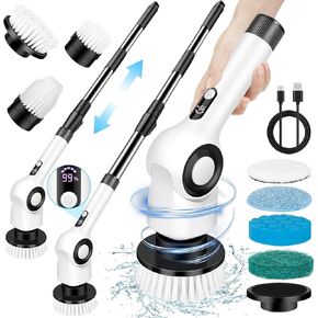 Electric Spin Scrubber, Upgraded Cordless Shower Scrubber Cleaning Brush, IPX8 Bathroom Scrubber with Extension Handle, Electric Cleaning Brush for Floor Tile, Tub, Kitchen, Bathtub, Glass, Window