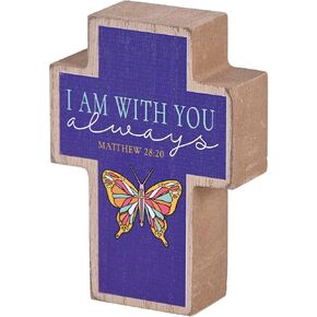 Dicksons TPLKC34-111 I Am with You Always Butterfly Woodgrain and Purple 3 x 4 Wood Distressed Cross Shaped Decorative Tabletop Plaque Home Décor