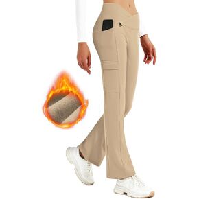 BVVU Women's Fleece Lined Pants Hiking Crossover Flare Leggings Winter Thermal Pants Water Resistant Outdoor Bootcut Warm