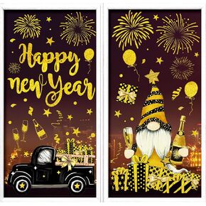 Whaline 6 Sheet Happy New Year Window Clings Foil Gold Firework Gnome Truck Present Reusable Window Decals for Home Office Classroom Party Decor
