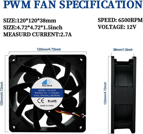 120mm Cooling Miner Fan High Speed Dual Ball Bearing Bitcoin(BTC) Mining Machine Fan, Asic Antminer Replacement Fan for Bitmain S19, L7, S9, L3+, K7, KA3, Z15, D9, E9 Mining Rig, 4Pin - 10 Pack in Saudi Arabia