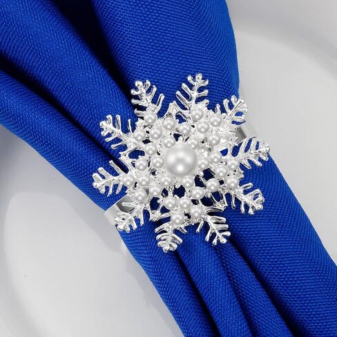 Patelai 6 Pieces Snowflake Napkin Rings Christmas Napkin Ring Pearl Napkin Ring Xmas Napkin Ring Holder Buckle Set Metal Alloy Flower Napkin Buckle for Christmas Wedding Thanksgiving Dinner (Silver) in Saudi Arabia