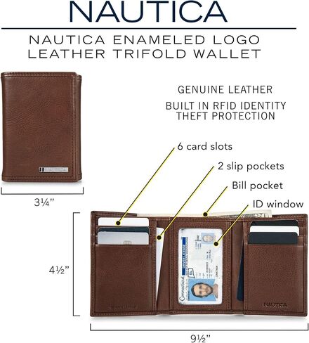 Nautica Men's Enameled Logo Tumbled Leather Trifold Wallet with RFID Protection-Brown, One Size in Saudi Arabia