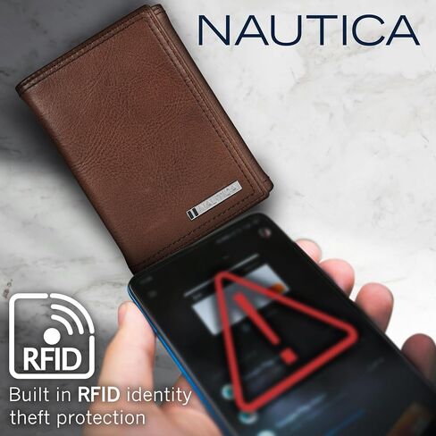 Nautica Men's Enameled Logo Tumbled Leather Trifold Wallet with RFID Protection-Brown, One Size in Saudi Arabia