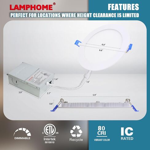 1-Pack of 4-Inch Slim LED Recessed Lights with Junction Box, Adjustable Color Temperatures (2700K-5000K), 9W Equivalent to 75W, Dimmable, 950LM Brightness - ETL and Energy Star Certified in Saudi Arabia
