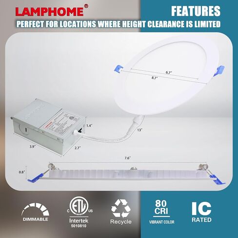 1-Pack of 4-Inch Slim LED Recessed Lights with Junction Box, Adjustable Color Temperatures (2700K-5000K), 9W Equivalent to 75W, Dimmable, 950LM Brightness - ETL and Energy Star Certified in Saudi Arabia