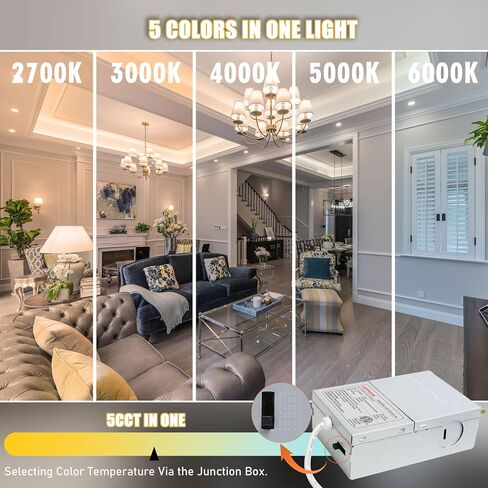 1-Pack of 4-Inch Slim LED Recessed Lights with Junction Box, Adjustable Color Temperatures (2700K-5000K), 9W Equivalent to 75W, Dimmable, 950LM Brightness - ETL and Energy Star Certified in Saudi Arabia