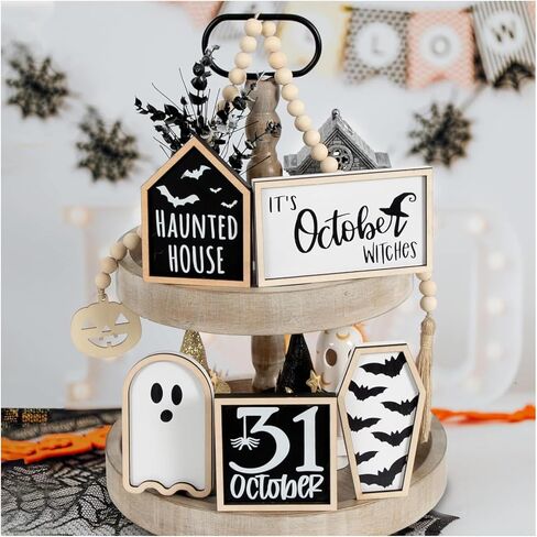 6PCS Halloween Tiered Tray Decoration, Haunted House, Bat Coffin, Witches, Ghost, Bead Garland, Halloween Wooden Signs for Home Table Kitchen Party in Saudi Arabia