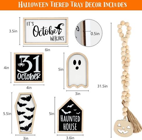 6PCS Halloween Tiered Tray Decoration, Haunted House, Bat Coffin, Witches, Ghost, Bead Garland, Halloween Wooden Signs for Home Table Kitchen Party in Saudi Arabia