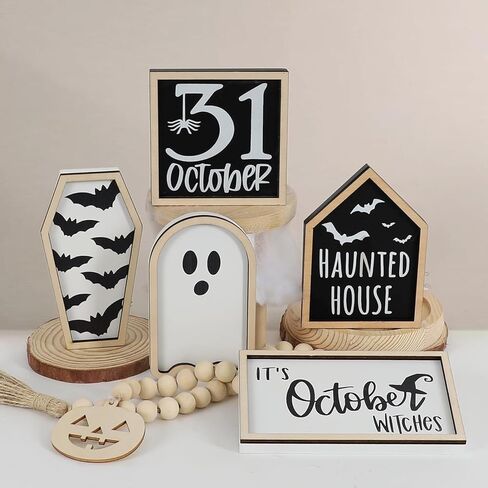 6PCS Halloween Tiered Tray Decoration, Haunted House, Bat Coffin, Witches, Ghost, Bead Garland, Halloween Wooden Signs for Home Table Kitchen Party in Saudi Arabia