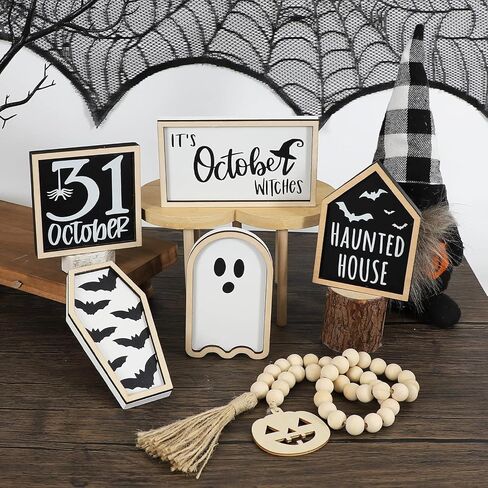 6PCS Halloween Tiered Tray Decoration, Haunted House, Bat Coffin, Witches, Ghost, Bead Garland, Halloween Wooden Signs for Home Table Kitchen Party in Saudi Arabia