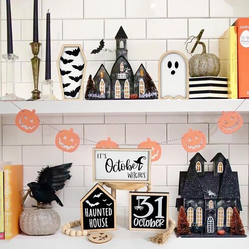 6PCS Halloween Tiered Tray Decoration, Haunted House, Bat Coffin, Witches, Ghost, Bead Garland, Halloween Wooden Signs for Home Table Kitchen Party in Saudi Arabia