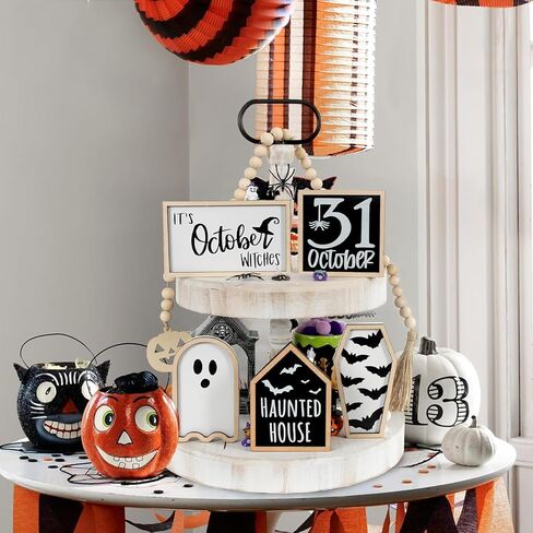 6PCS Halloween Tiered Tray Decoration, Haunted House, Bat Coffin, Witches, Ghost, Bead Garland, Halloween Wooden Signs for Home Table Kitchen Party in Saudi Arabia