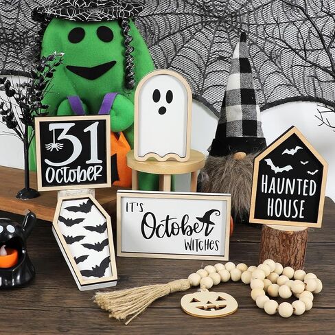 6PCS Halloween Tiered Tray Decoration, Haunted House, Bat Coffin, Witches, Ghost, Bead Garland, Halloween Wooden Signs for Home Table Kitchen Party in Saudi Arabia