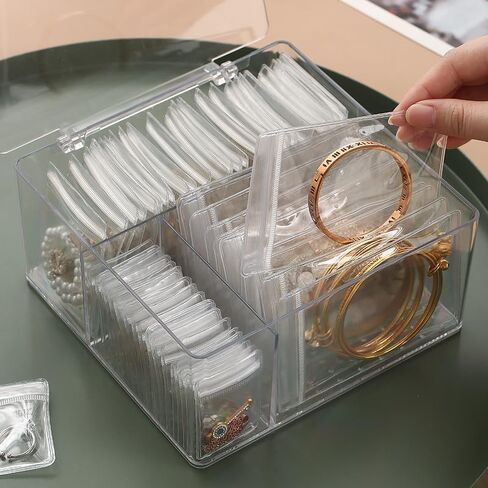 Acrylic Jewelry Box Organizer with 50 Portable Anti Tarnish Jewelry Bags, Clear Jewelry Organizers and Storage, Travel Jewelry Case Organizers for Earrings Rings Necklaces for Women Girls in Saudi Arabia