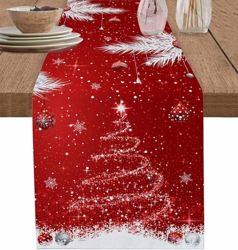 Christmas Decor Cotton Table Runners for Kitchen Dining Table/Cabinet/Holiday Parties, Red Sparkle Christmas Tree Ornaments Washable Dresser Scarf White Pine Needle Dining Runners 13" x 70" in Saudi Arabia