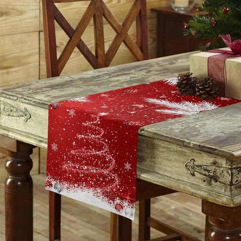 Christmas Decor Cotton Table Runners for Kitchen Dining Table/Cabinet/Holiday Parties, Red Sparkle Christmas Tree Ornaments Washable Dresser Scarf White Pine Needle Dining Runners 13" x 70" in Saudi Arabia